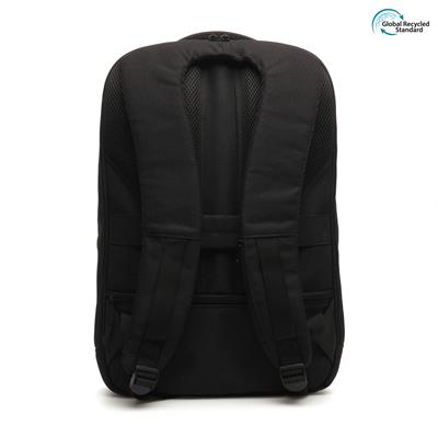 back of black anti theft backpack with print