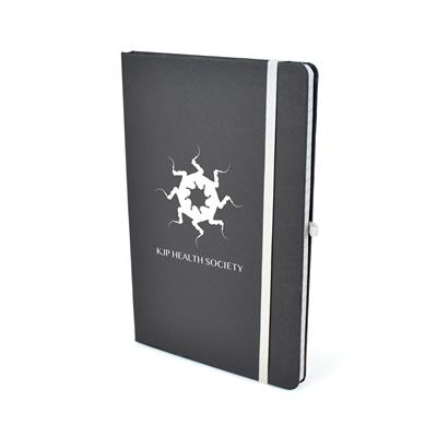 A5 Black Nebraska Recycled Notebook with white elastic enclosure and print