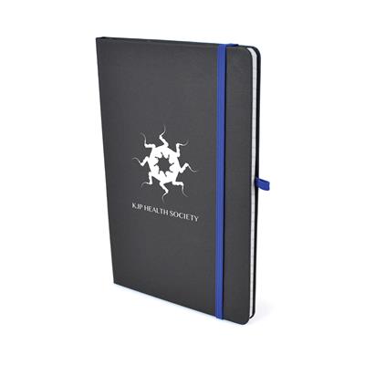 A5 Black Nebraska Recycled Notebook with blue elastic enclosure and print