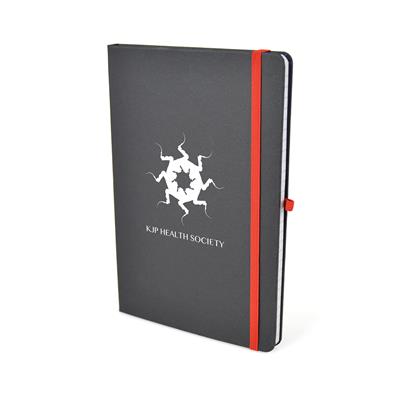 A5 Black Nebraska Recycled Notebook with red elastic enclosure and print