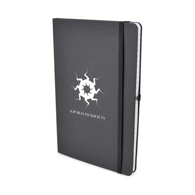 A5 Black Nebraska Recycled Notebook with black elastic enclosure and print