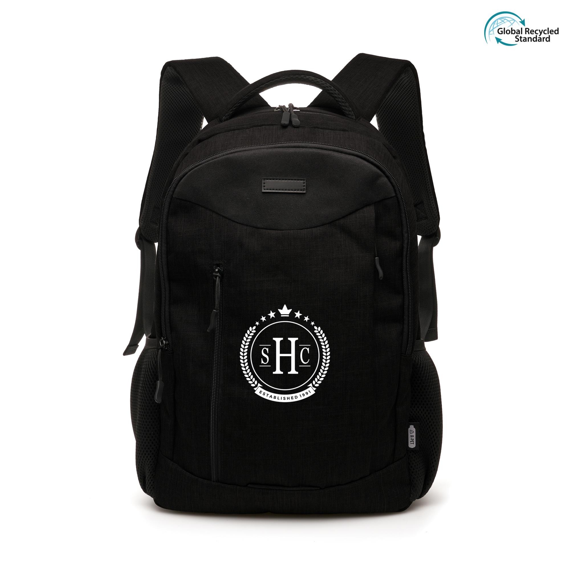 black modern backpack with print