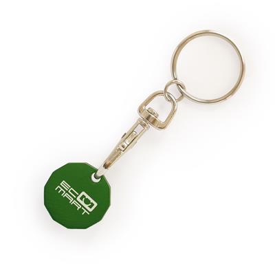 Green metal trolley coin keyring