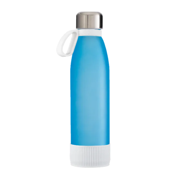 Cyan Toulon Glass Drinking Bottle with a White ring and  a White sleeve