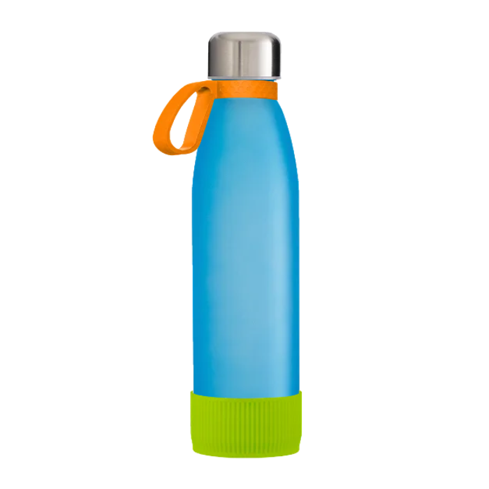 Cyan Toulon Glass Drinking Bottle with a Orange ring and a Light Green sleeve