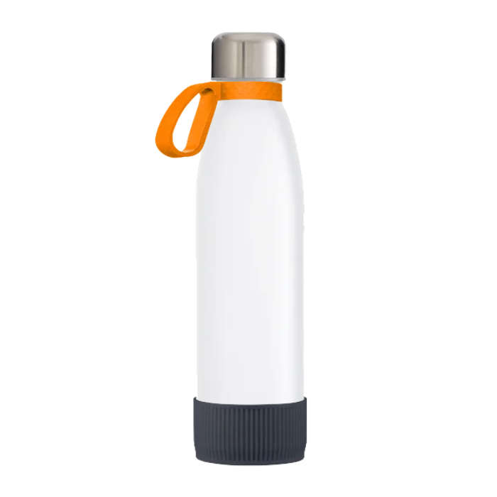 White Toulon Glass Drinking Bottle with a Orange ring and a Dark Grey sleeve