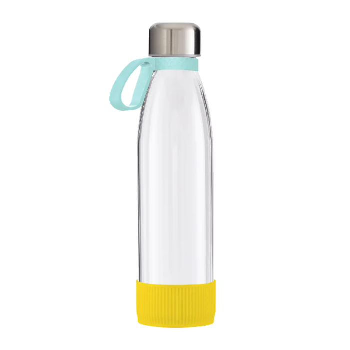 Clear Toulon Glass Drinking Bottle with a Mint ring and a Yellow sleeve