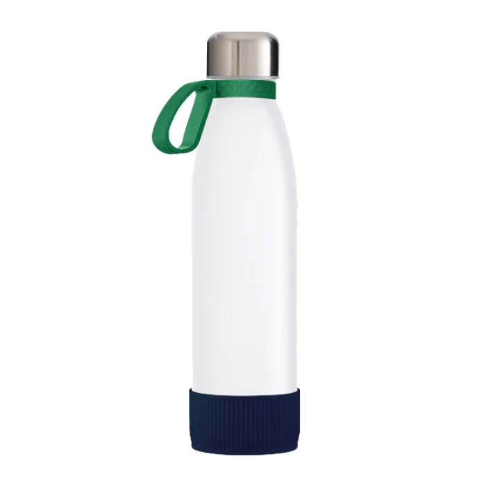 Clear Toulon Glass Drinking Bottle with a Green ring and a Dark Blue sleeve