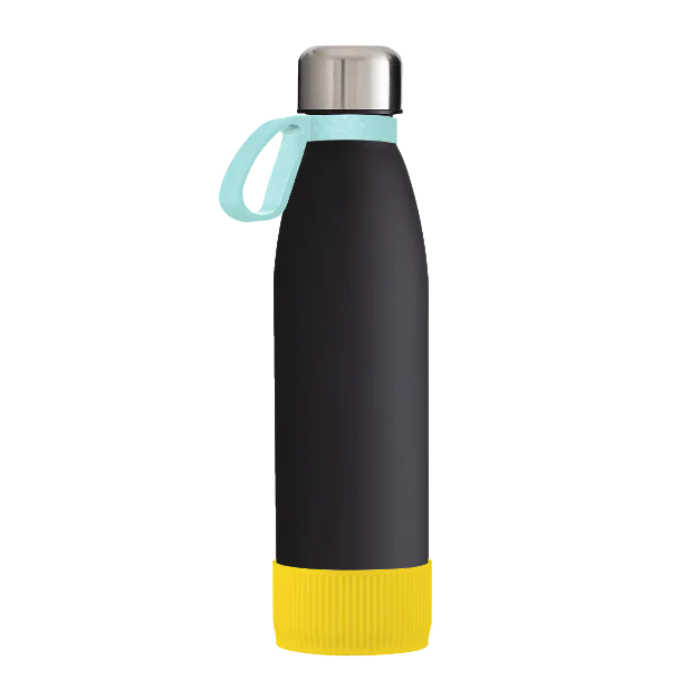 Black Toulon Glass Drinking Bottle with a Mint ring and a Yellow sleeve