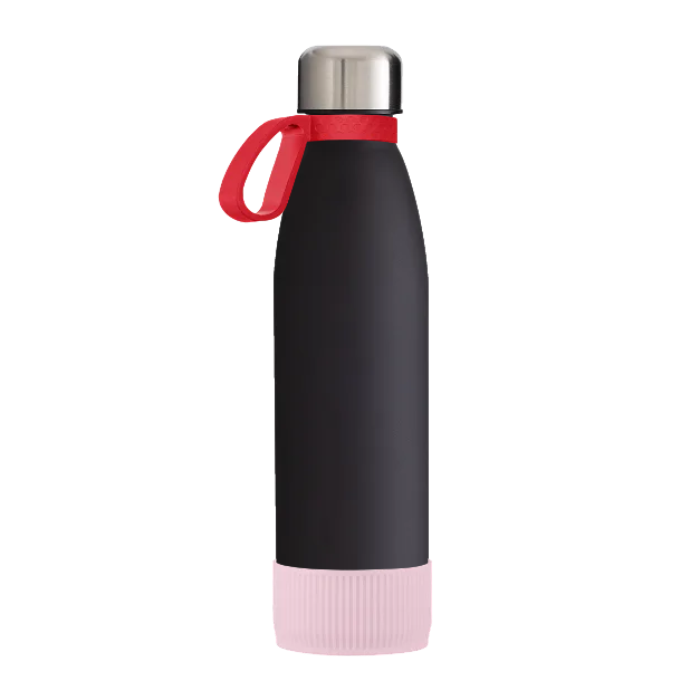 Black Toulon Glass Drinking Bottle with a Red ring and a Rose sleeve