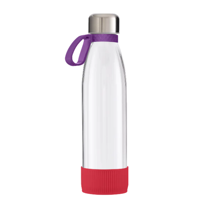 Clear Toulon Glass Drinking Bottle with a Purple ring and a Red sleeve