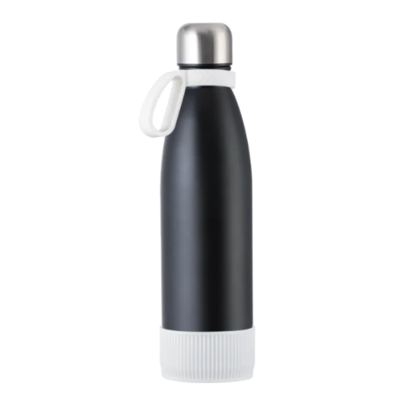 Black myTOULON drinking bottle with White ring and White sleeve