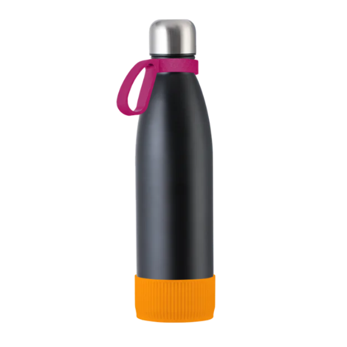 Black myTOULON drinking bottle with Magenta ring and Orange sleeve