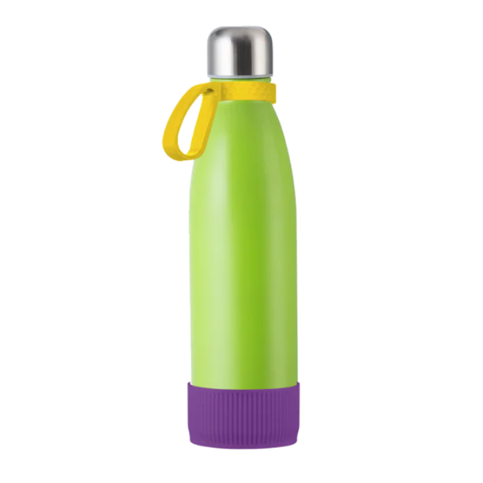 Green myTOULON drinking bottle with Yellow ring and Purple sleeve