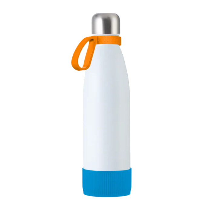 White myTOULON drinking bottle with Orange ring and Cyan sleeve