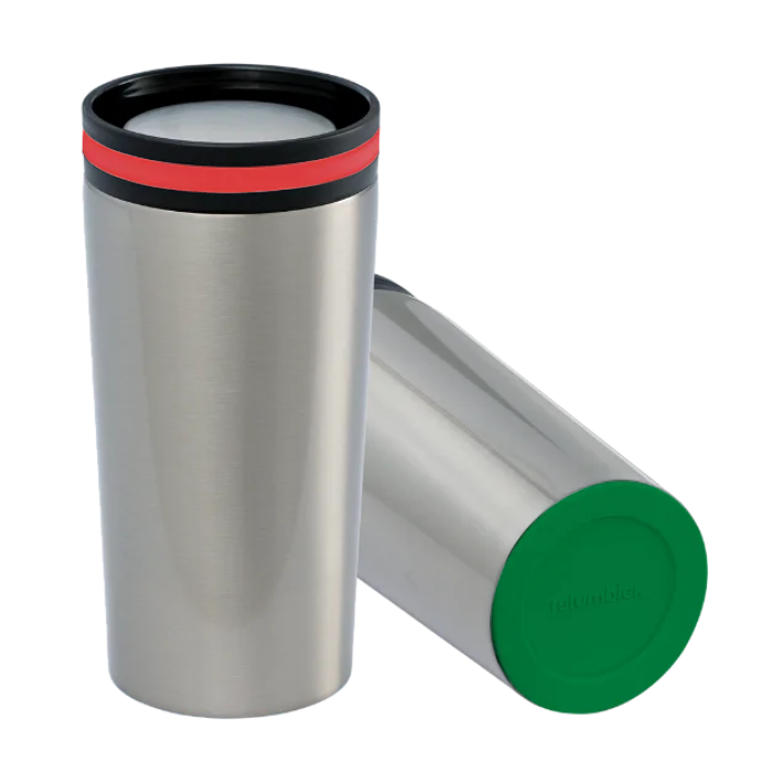 Thermo mug RETUMBLER with red silicone ring and green base