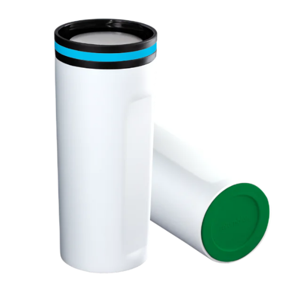 White Thermo Mug mySTEELONE with Cyan ring and Green base