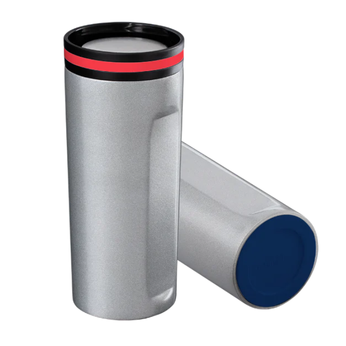 Silver Thermo Mug mySTEELONE with Red ring and Dark Blue base