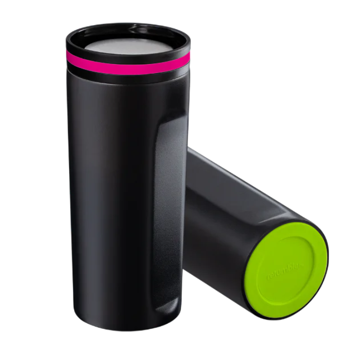 Black Thermo Mug mySTEELONE with Magenta ring and Light Green base