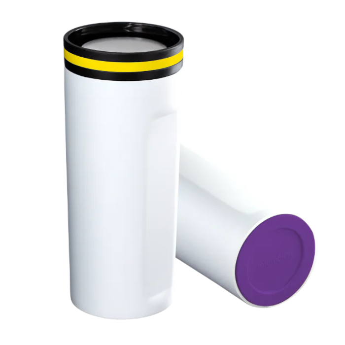 White Thermo Mug mySTEELONE with Yellow ring and Purple base