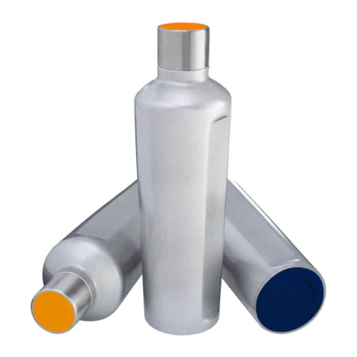 Silver Thermo Drinking Bottle with Orange lid and Dark blue base