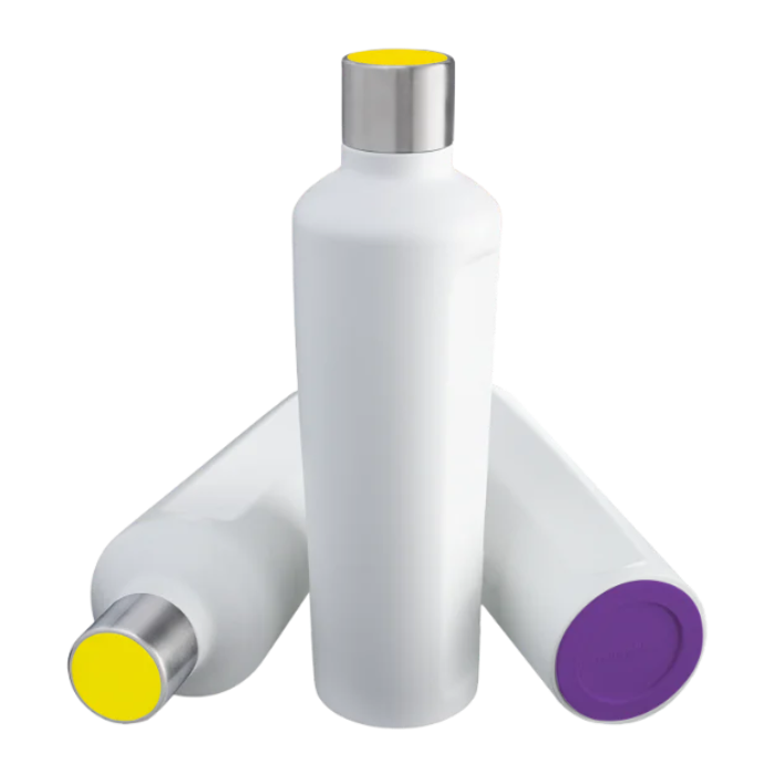 White Thermo Drinking Bottle with Yellow lid and Purple base