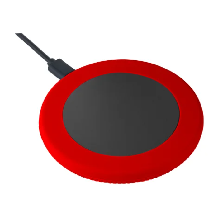 Black myMATOLA wireless charger with red silicone ring