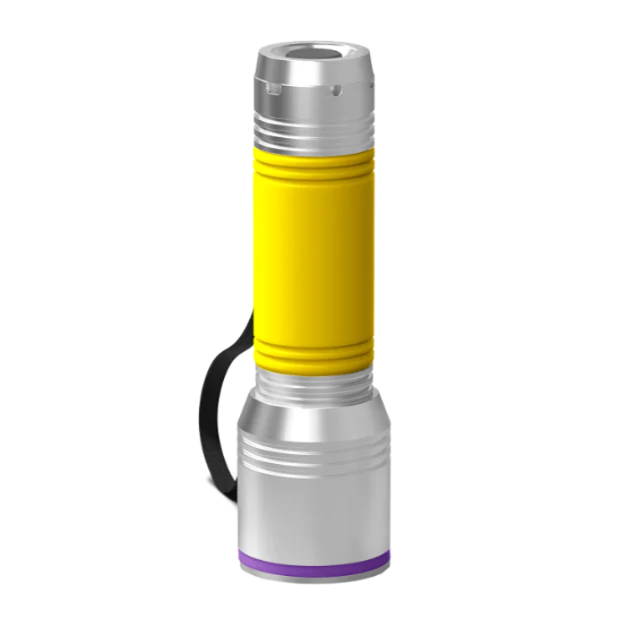 Silver Torch REEVES-myFLASH with yellow silicone sleeve and purple ring