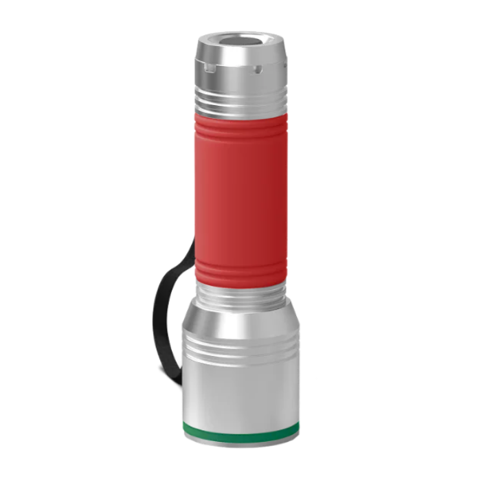 Silver Torch REEVES-myFLASH with red silicone sleeve and a green ring