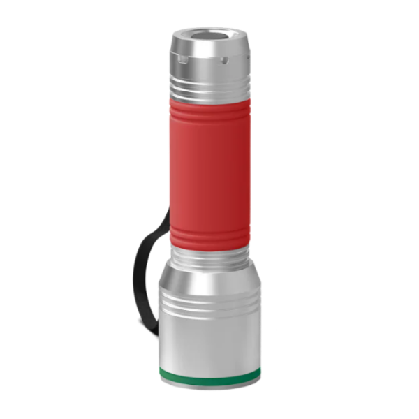 Silver Torch REEVES-myFLASH with red silicone sleeve and a green ring