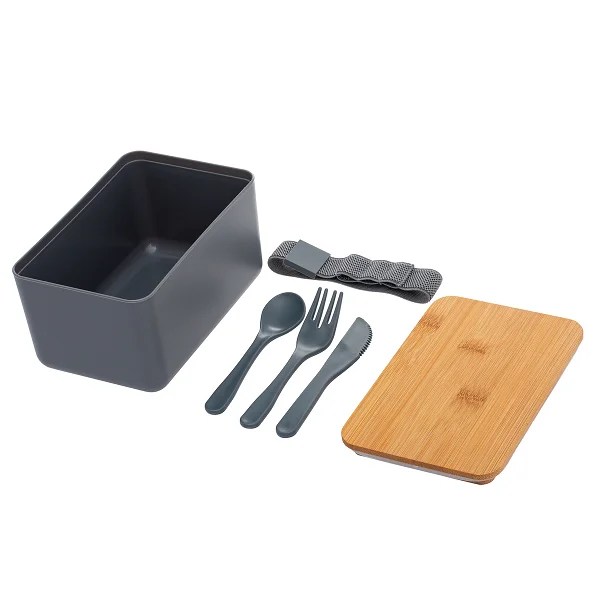 Lunchbox with bamboo lid and cutlery set components