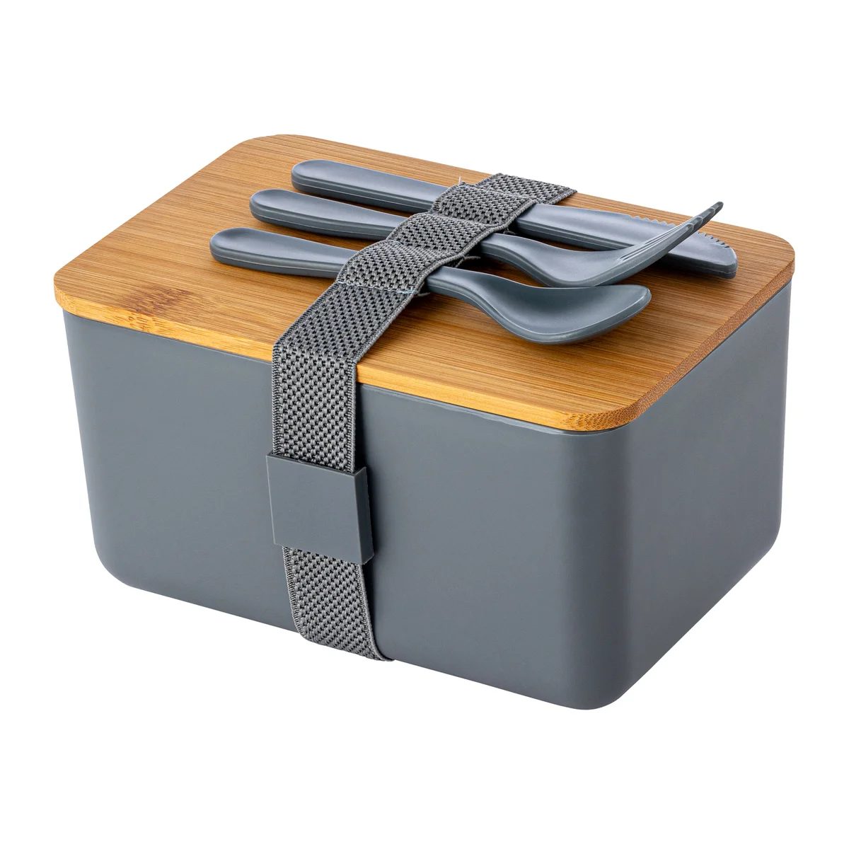 Lunchbox with bamboo lid and cutlery set