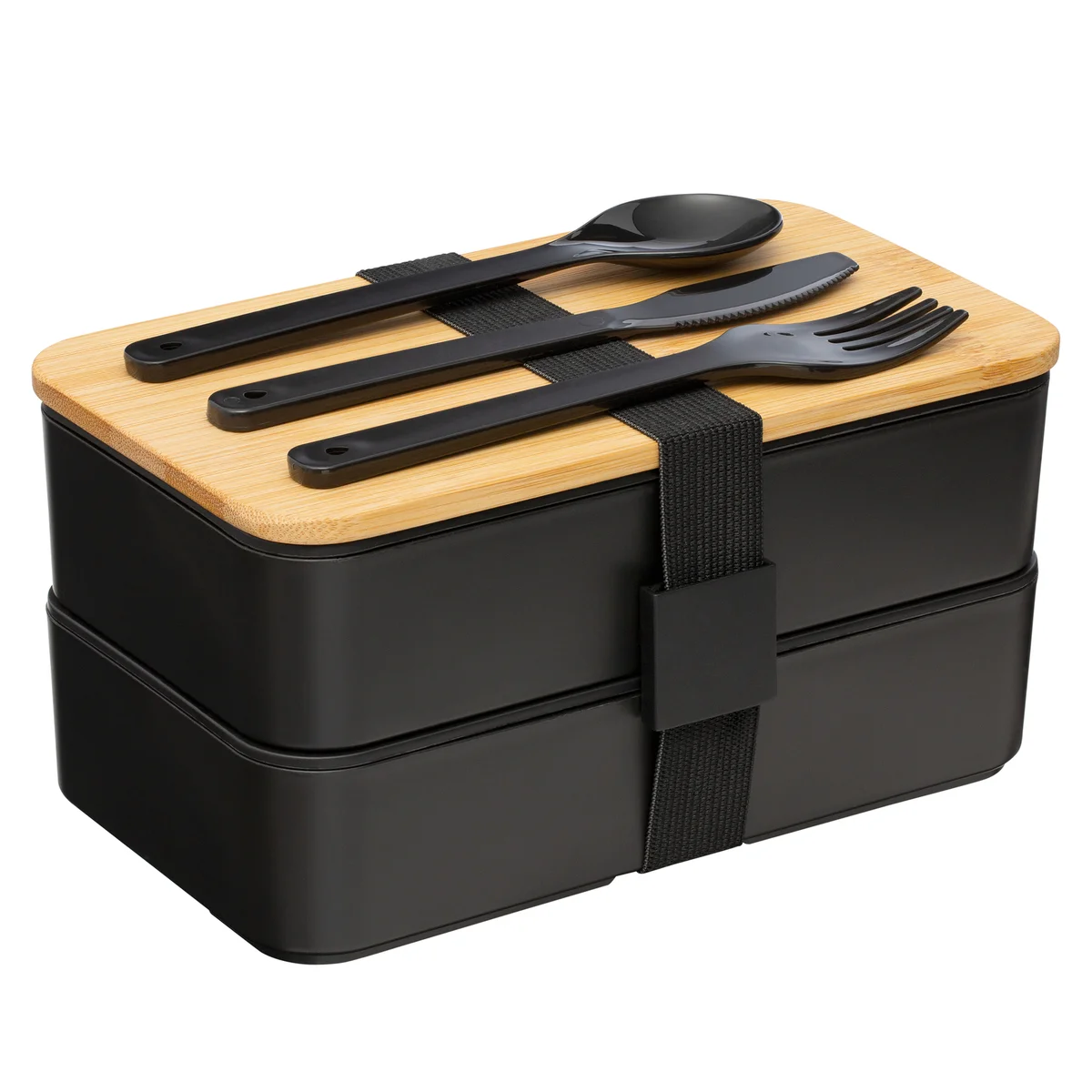 Black lunch box with bamboo and cutlery