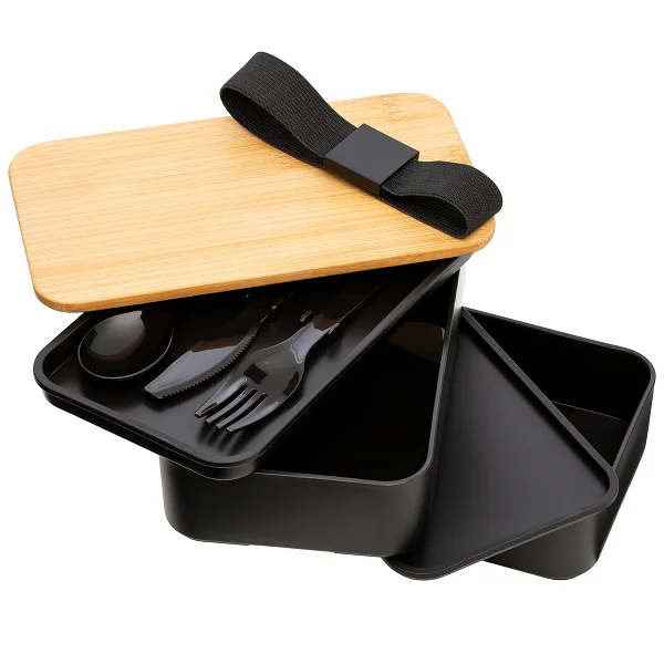 	Separate components of Black lunch box with bamboo