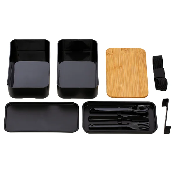 Separate components of Black lunch box with bamboo