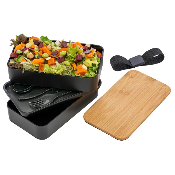 Black lunch box with food