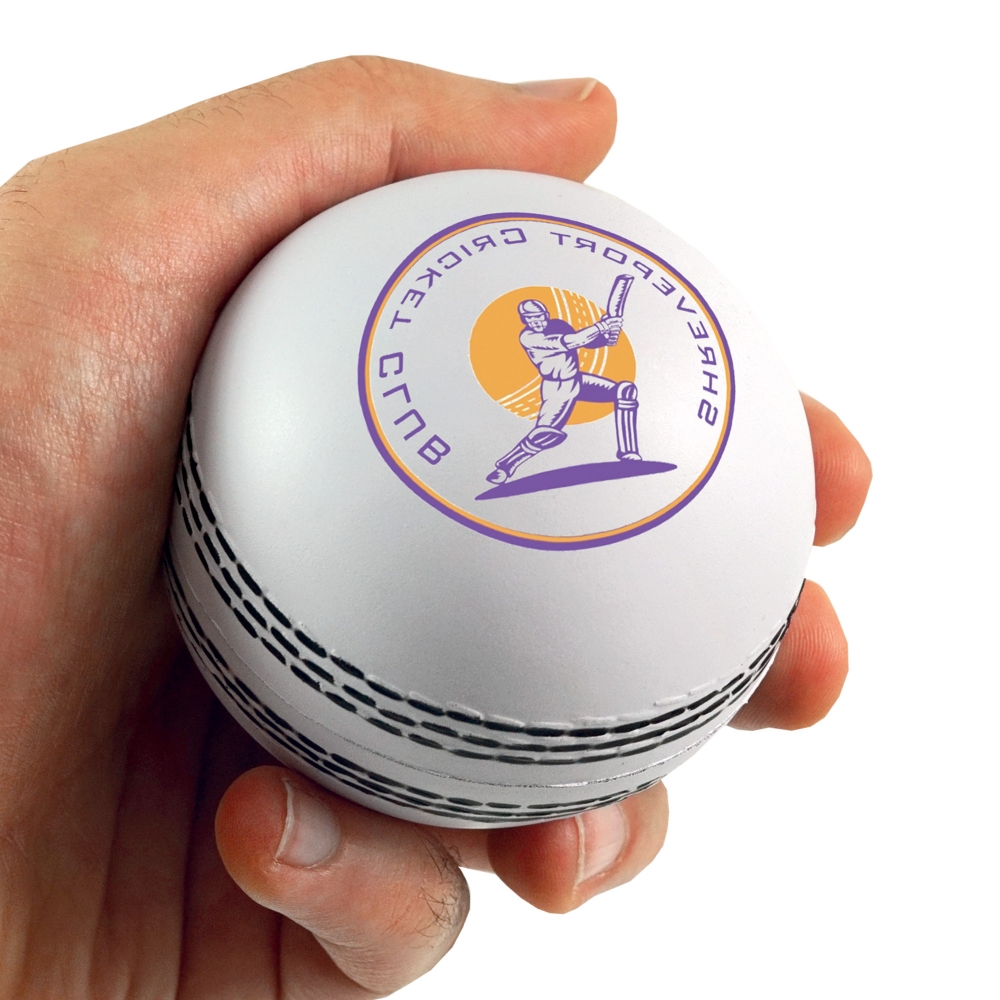 stress cicket ball in white with printed design