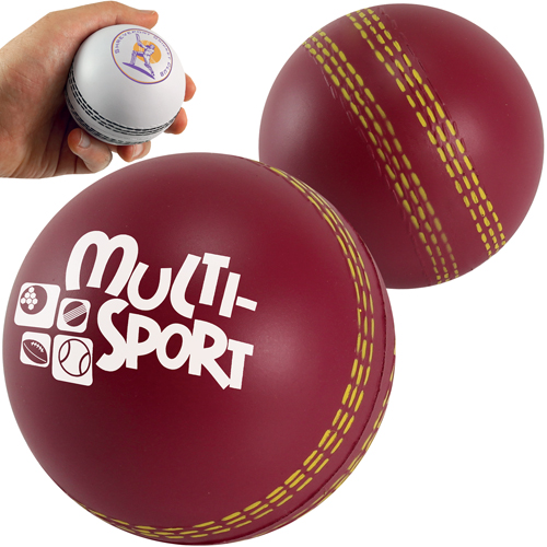 stress cricket ball in burgundy with a white print