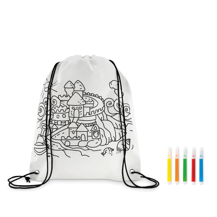 white colouring bag with printed drawing