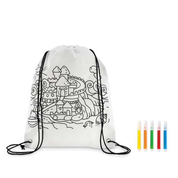 white colouring bag with printed drawing