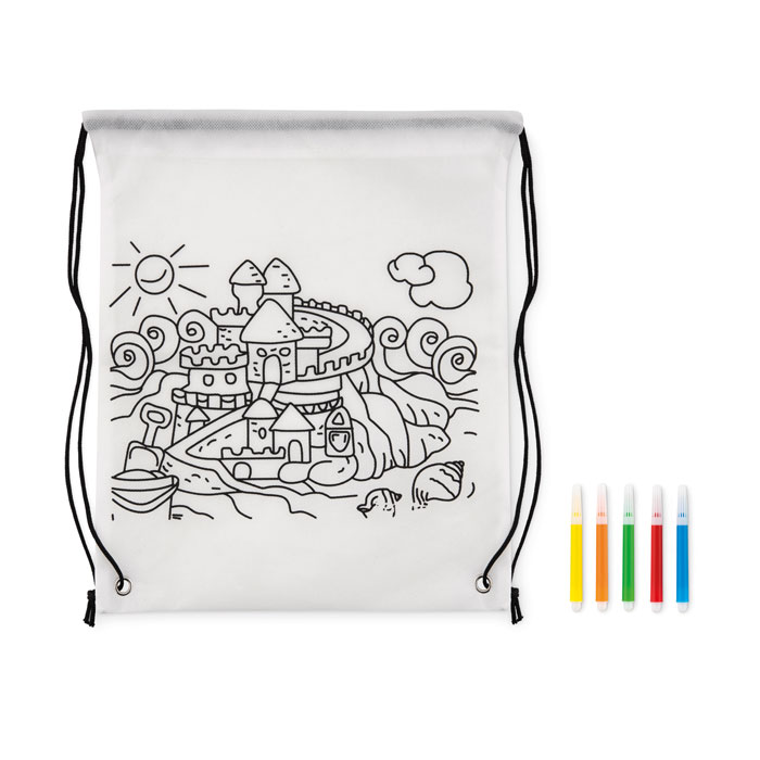 white colouring drawstring bag with printed drawing.  Flat