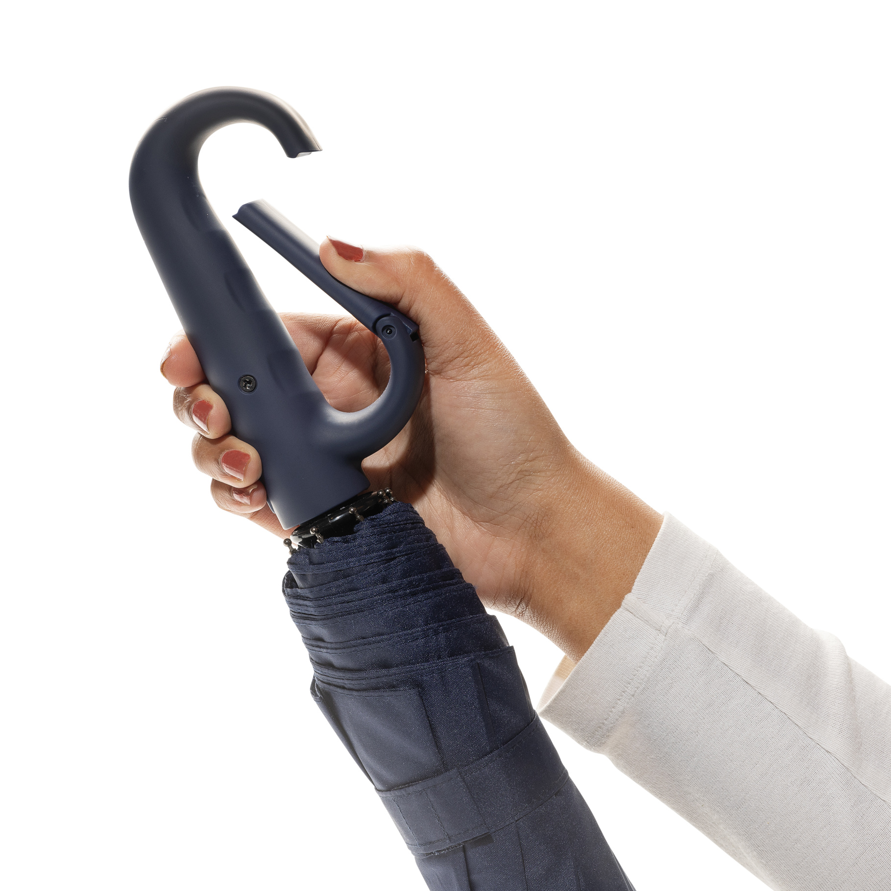 Navy Carabiner Clip Umbrella with open clip