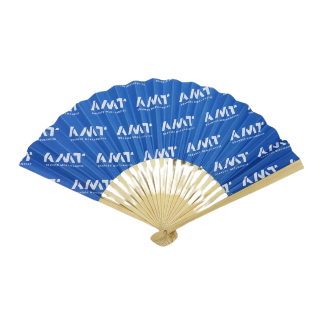 bamboo hand fan printed with blue AMT logo