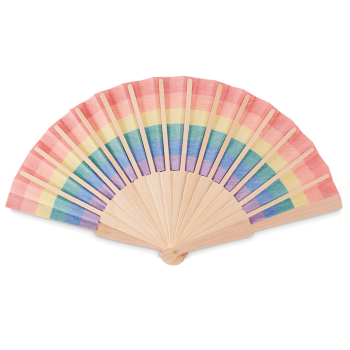 rainbow wooden hand fan showing back of the fan